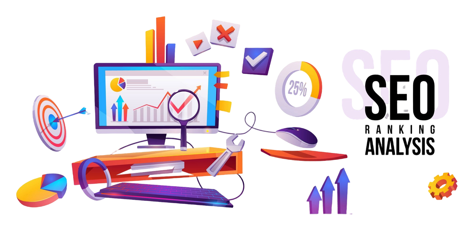 Illustration of SEO ranking analysis with charts, graphs, and optimization tools.