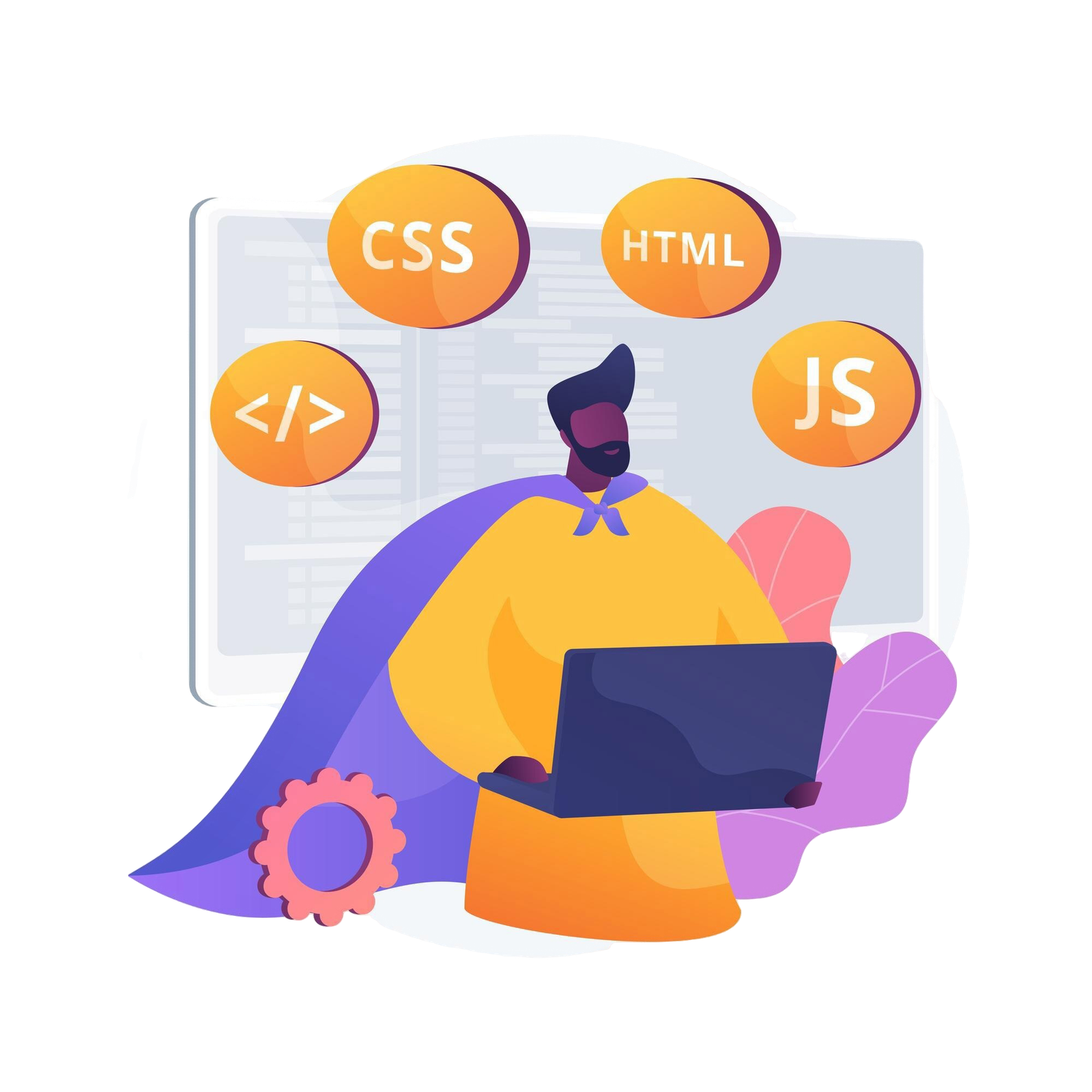 Illustration of a web developer superhero with CSS, HTML, and JS icons